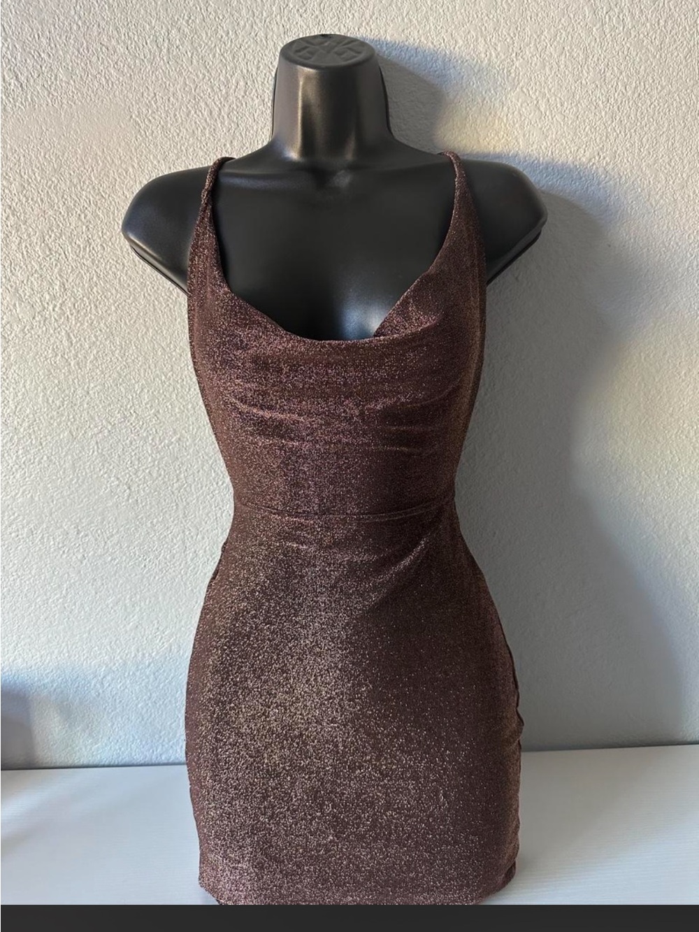 Fashion Nova Brown Sparkle Cowl Neck Bodycon Dress